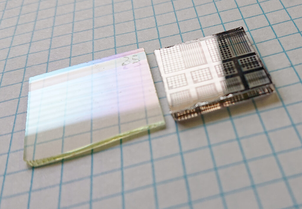 on the right, Zinc Oxide this film deposited on FTO glass. on the left Zinc Oxide Nikel Vanadium 7% alloy Schottky diodes